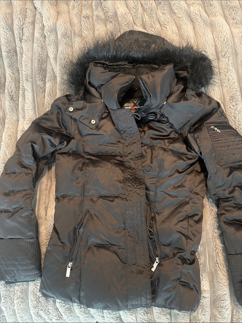 ZeroXposur Black Quilted Women's Puffer Jacket with Faux Fur Hood